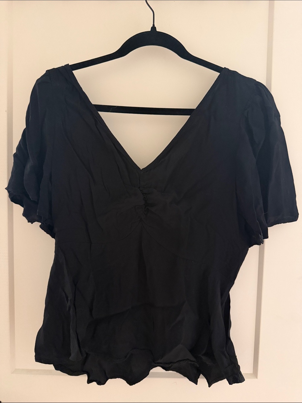 a new day Black V-Neck Ruched Front Flutter Sleeve Top